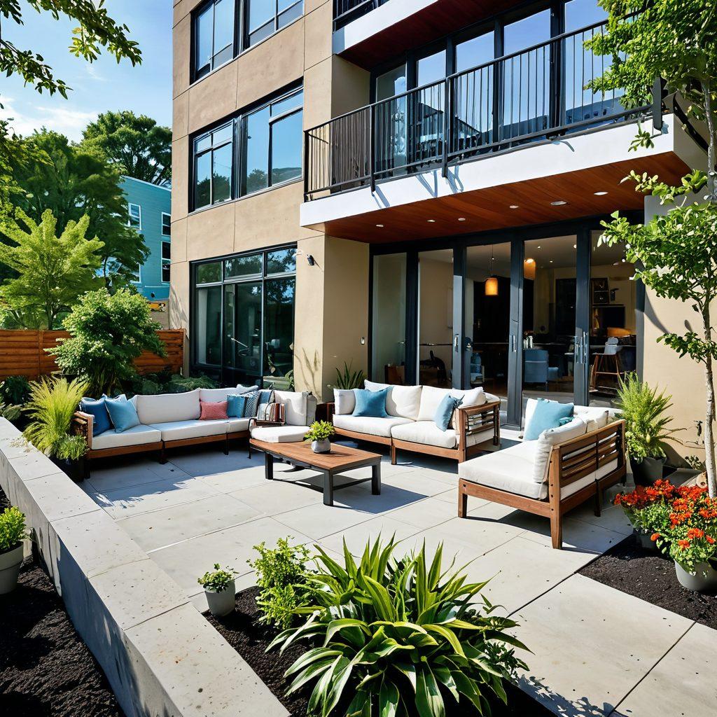 A cozy, modern condominium with large windows showcasing a vibrant Somerville skyline, featuring green parks and urban amenities nearby. Include diverse residents enjoying their community, such as a couple walking a dog and friends chatting on a balcony. Capture the essence of urban homeownership with sleek design and a welcoming atmosphere. vibrant colors. super-realistic. 3D.