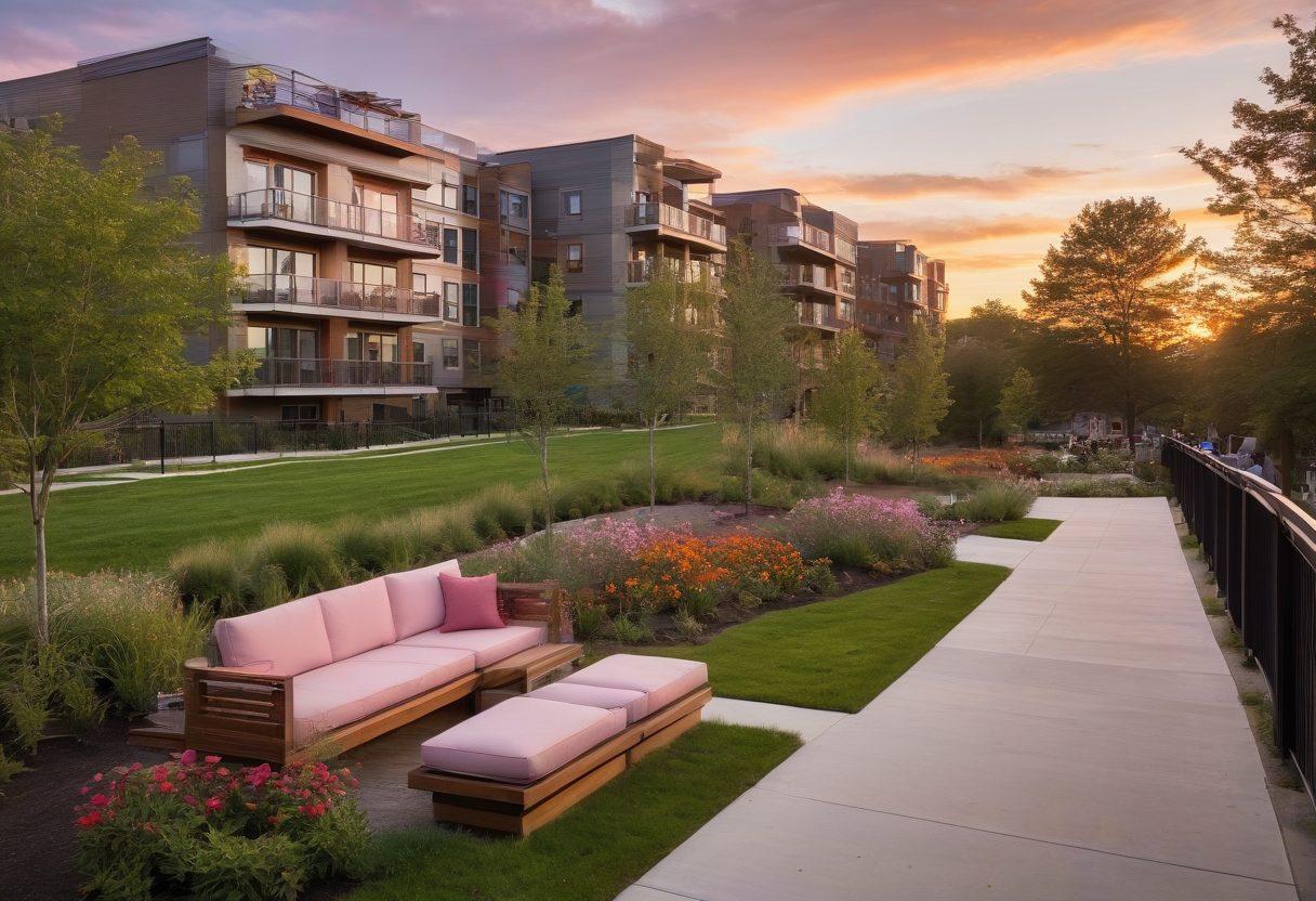 A stunning sunset over a modern condo complex in Somerville, showcasing diverse residents interacting in a vibrant community park filled with trees, benches, and children playing. Include elements like families cooking together on balconies and friends sharing stories. The atmosphere should evoke warmth, connection, and the beauty of condo living. super-realistic. vibrant colors.